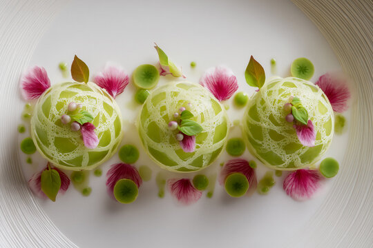 Exquisite molecular gastronomy spheres with delicate floral accents, a stunning culinary creation perfect for fine dining promotions and modern food artistry - Powered by Adobe