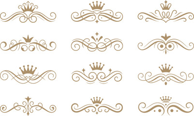 Naklejka premium Royal Divider Vector Set – Crown and Flourish Decorative Luxury Ornament Design Elements