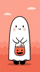 Cartoon ghost holds a pumpkin candy bag, pink sky and background