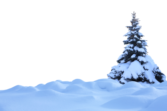 Snowy Christmas tree  In a winter landscape isolated on  transparent background 
