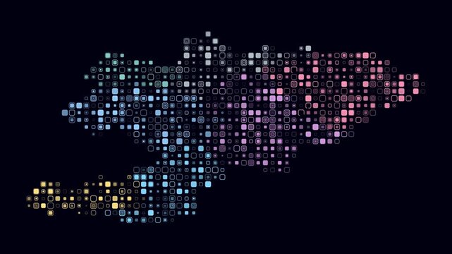 Kyrgyzstan animated country shape. Pulsating colored dots on the map of the country. Small size rounded square blocks. Digital style Kyrgyzstan map on dark background. Beautiful animation video.