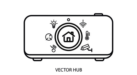 Smart Home Hub Device with Control Icons Black and White Outline.