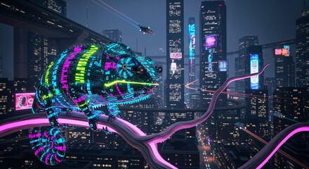 Cam&eacute;l&eacute;on cyberpunk perch&eacute; dans une ville futuriste, brillant de n&eacute;ons vibrants, un m&eacute;lange captivant de nature et de technologie pour des concepts innovants