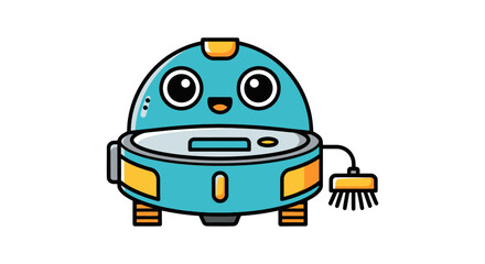 Cute Cartoon Robot Vacuum Cleaner with Big Eyes and a Small Brush.
