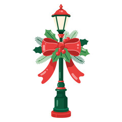 Festive christmas lamppost decorated with a red bow and greenery