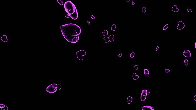 Holographic Outline Hearts Abstract Animation.A seamless loop of numerous abstract, glowing, outline heart shapes floating and rotating against a dark background. Perfect for romance, technology, cele