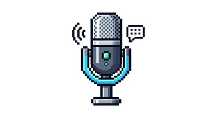 Pixelated Microphone with Sound Waves and Speech Bubble Icon.