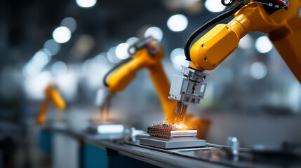 Multiple workstations with different colored robots orange yellow white coordinated EV battery production multi stage manufacturing automotive assembly line factory complex