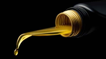 Close-up of a black bottle pouring golden liquid, creating a dynamic drip against a dark background