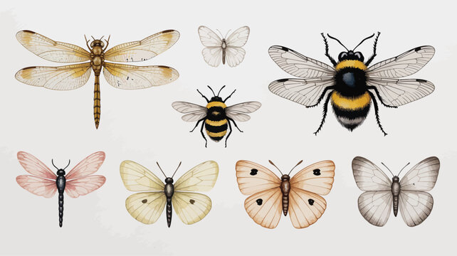 Collection of watercolor insects dragonfly bee butterflies