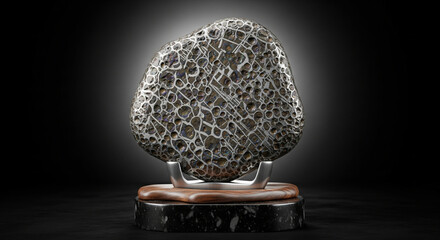 Rare meteorite stone made of precious metals and crystals on a stand against a dark background.