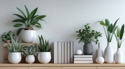 Minimalist Shelf with Plants, Books, and White Ceramics on Gray Background (AI-generated)