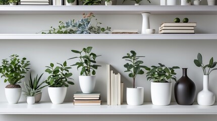 Minimalist Shelf with Plants, Books, and White Ceramics on Gray Background (AI-generated)