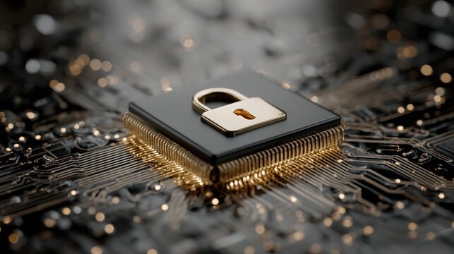 Close-up of a central processing unit (CPU) with a golden padlock on it - Powered by Adobe