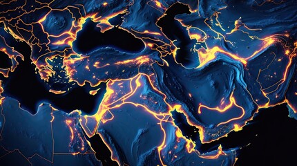 Digital Map of the Middle East with Glowing Borders and City Lights at Night (AI-generated)