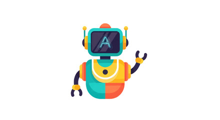 Colorful cartoon robot assistant with a screen face showing the letter A waving its hand.