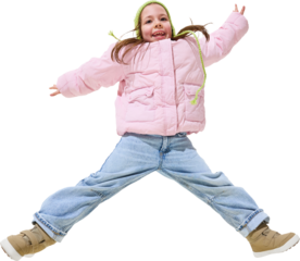 Happy girl in pink jacket and green hat jumping high with open arms. Concept of cheerful winter energy, freedom, and cute kids fashion in bright casual style. Transparent background