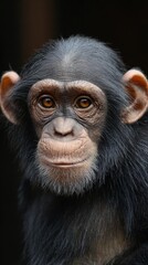 Naklejka premium Close-up of a chimpanzee's expressive face, gazing directly at the camera, with rich fur details