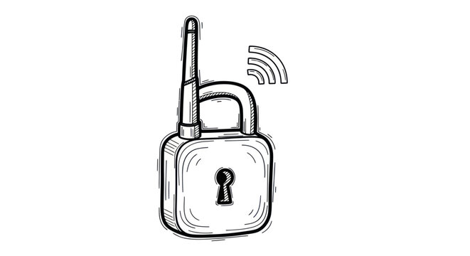 Wireless Security: Padlock with Antenna and Signal Waves. - Powered by Adobe