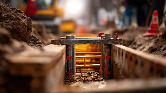 Trench safety shoring and support systems construction safety infrastructure protective barriers cave in prevention pipeline excavation safety equipment defocused throughout