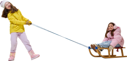 Laughing girl pulling sled with friend sitting in winter snow. Concept of joyful friendship, energy, and kids fashion in bright colorful jackets and cozy boots. Transparent background