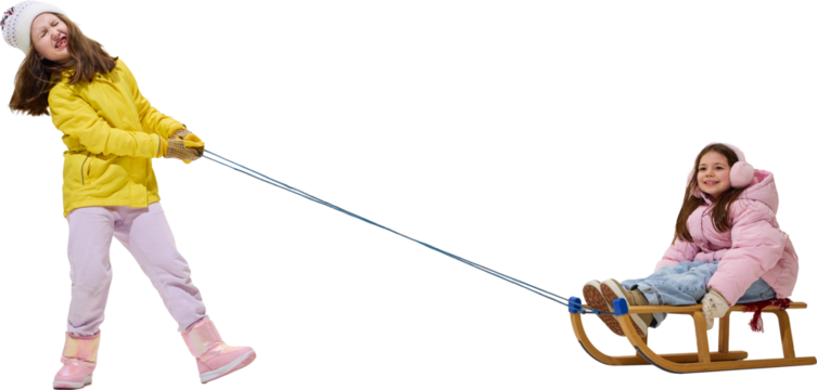 Laughing girl pulling sled with friend sitting in winter snow. Concept of joyful friendship, energy, and kids fashion in bright colorful jackets and cozy boots. Transparent background