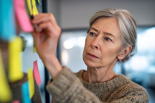 Elderly caucasian female organizing sticky notes on bulletin board