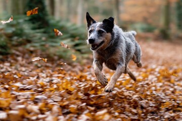 Energetic cattle dog running through autumn leaves in forest