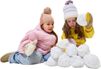 Two girls building snowball tower in bright winter clothes. Concept of teamwork, focus, and playful creativity in trendy kids winter fashion and outdoor fun. Transparent background