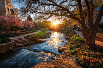 Greenville North Carolina: Beautiful Falls Park in Downtown America with Blooming Trees