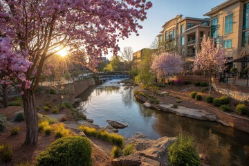 Obraz premium Greenville North Carolina: Beautiful Reedy Falls Park at Golden Hour under the Sunlight