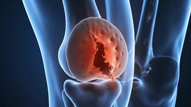 Medical Animation of Damaged Patella Cartilage in Knee Joint.