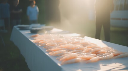 Outdoor shrimp grilling event beachside culinary photography warm light summer vibes