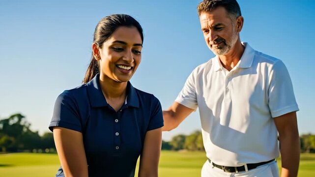 young attractive indian woman learning golf with professional male instructor on green course on sunny day. teamwork and coaching in sports. summer outdoor activity. sports training, active lifestyle - Powered by Adobe