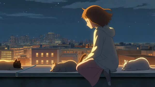 Cozy  animation of girl gazing at warm city sunset through window
