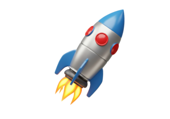 Silver and blue rocket ship PNG isolated on transparent background, cartoon space shuttle with flames for kids design