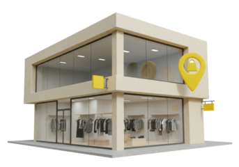 Modern clothing store building isolated PNG, fashion retail shop with apparel on display and location pin for business concept on transparent background