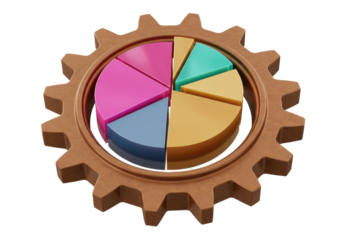 3D gear wheel with colorful pie chart isolated PNG, business data visualization concept for infographics and presentations on transparent background