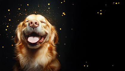 Cute Golden Retriever on black background. Happy with golden particles. Festive for New Year and Christmas. Copy space
