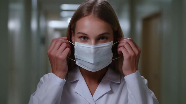 Confident young doctor adjusting face mask before work in hospital