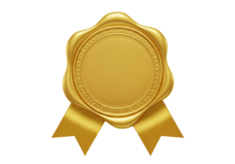 Golden wax seal with ribbon isolated PNG, elegant award emblem for certificates and invitations on transparent background