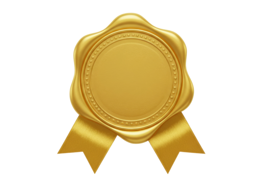 Golden wax seal with ribbon isolated PNG, elegant award emblem for certificates and invitations on transparent background - Powered by Adobe