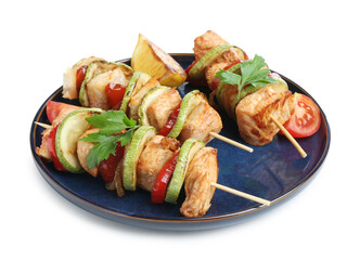 Skewers with grilled chicken, vegetables and lemon isolated on white