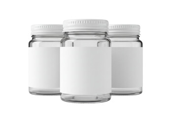 Three clear glass jars with white lids and labels isolated PNG, empty containers for food or cosmetic products on transparent background
