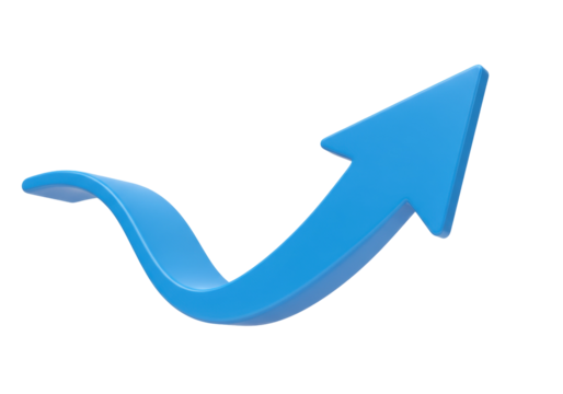 Blue arrow pointing up isolated PNG, growth and success concept on transparent background for business presentations and marketing materials