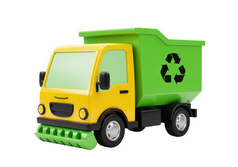 Green and yellow toy garbage truck PNG isolated, recycling vehicle for kids and environmental awareness concepts