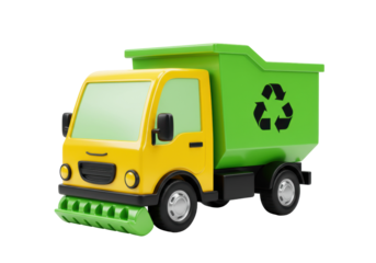 Green and yellow toy garbage truck PNG isolated, recycling vehicle for kids and environmental awareness concepts