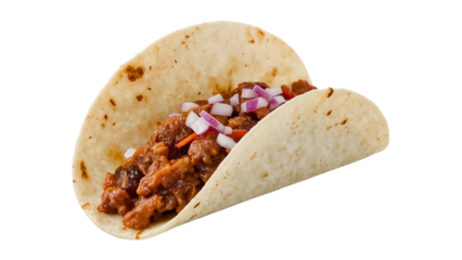 Beef taco with chopped red onion and peppers in soft flour tortilla isolated on the transparent background