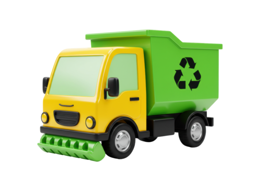 Green and yellow toy garbage truck PNG isolated, recycling vehicle for kids and environmental awareness concepts - Powered by Adobe