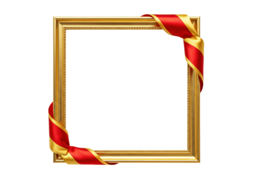 Ornate golden picture frame with red and gold ribbon isolated PNG, elegant decorative border for photos and artwork on transparent background - Powered by Adobe